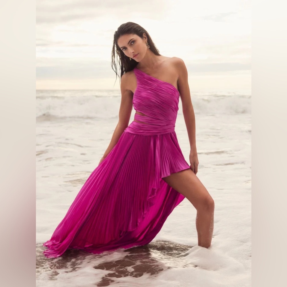 Mac Duggal One Shoulder Pleated Charmeuse Gown with Slit 49837